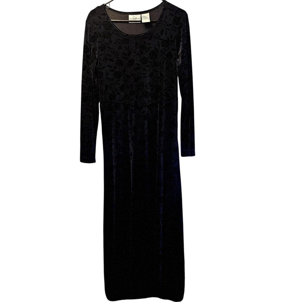 Studio Ease vintage black velvet floral maxi dress size 8 whimsygoth dark fairy